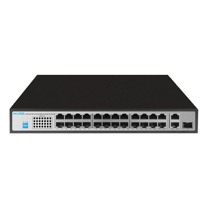 24-Port Fast Ethernet PoE+ Switch with Gigabit Uplinks