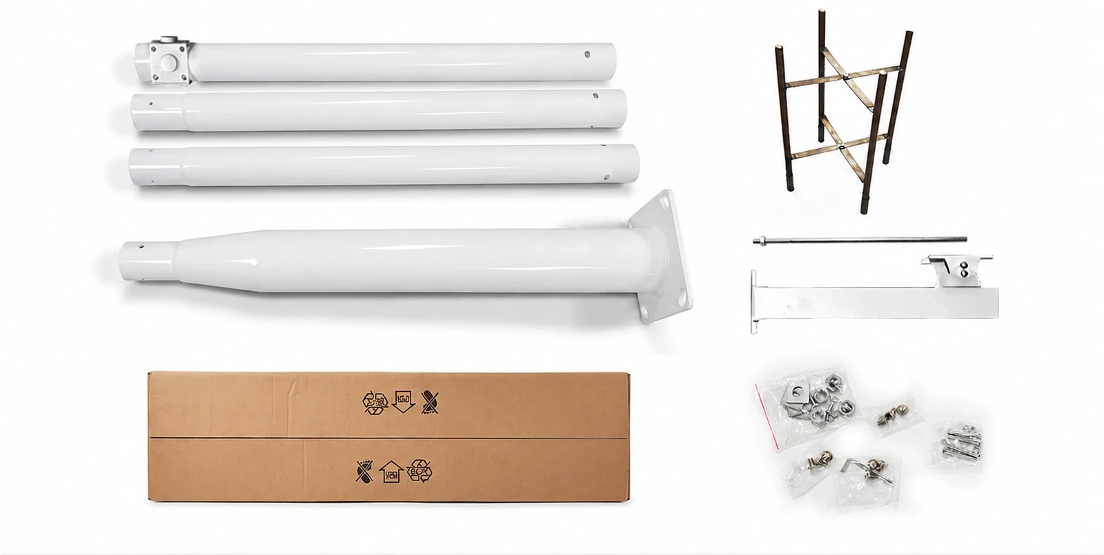Modular pole sections, anchor cage, mounting hardware and transport packaging